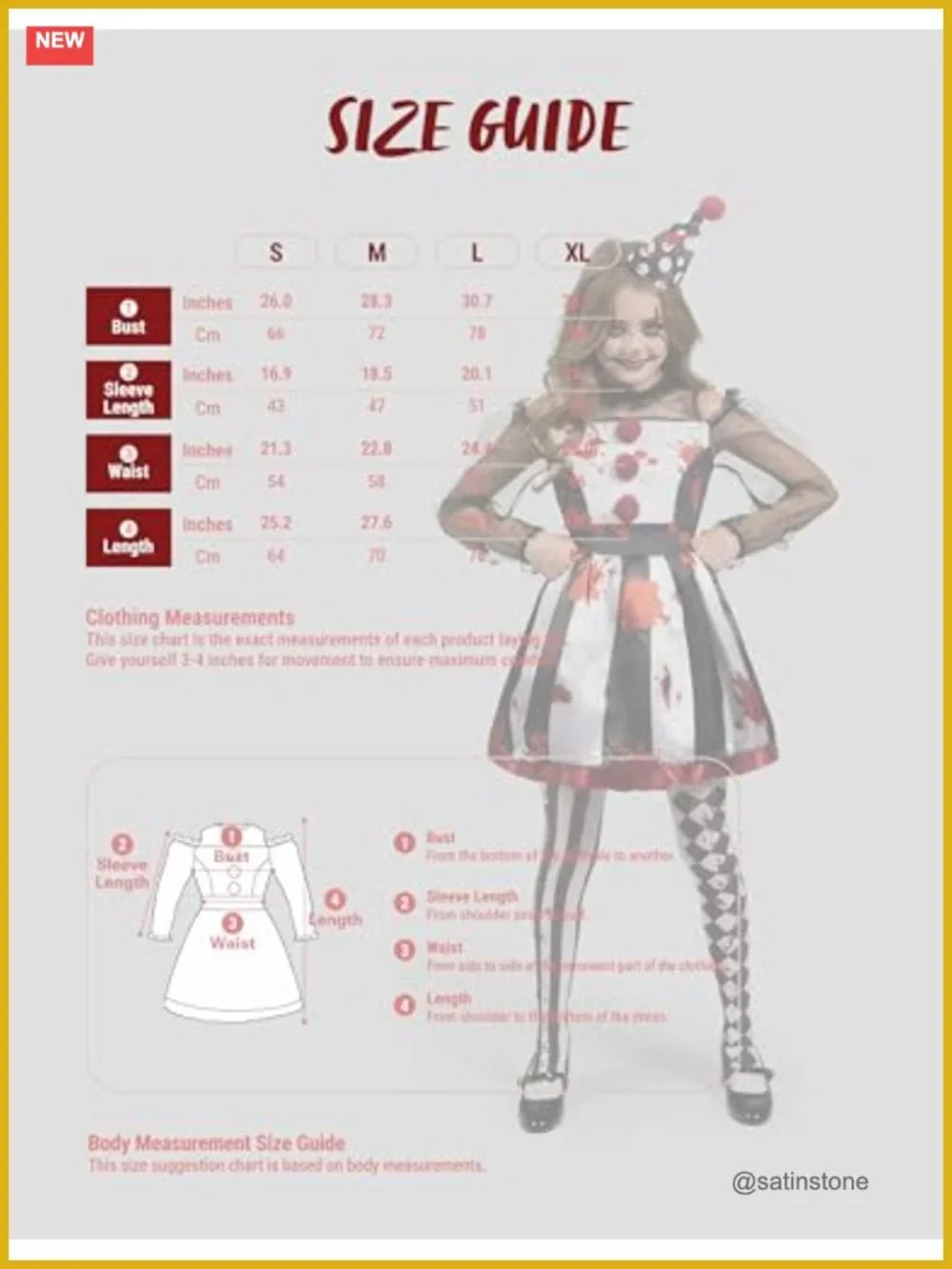 Scary Clown Costume for Girls - Black & White Bloody Jester Dress with Headband